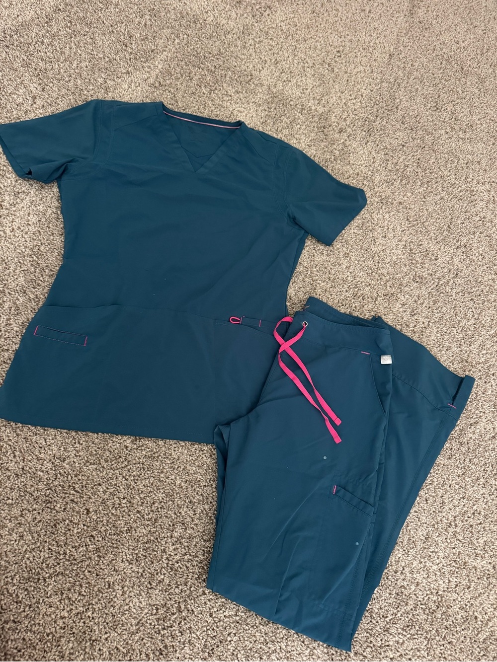 smitten Teal Medical Scrub Top and Jogger Pants with Pink Drawstring